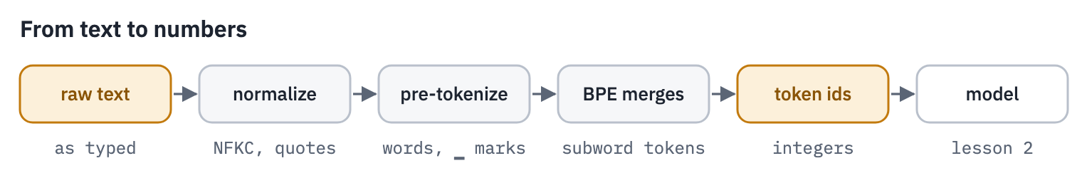 Raw text is normalized, split into words, merged into subword tokens by BPE and mapped to integer ids that the model reads