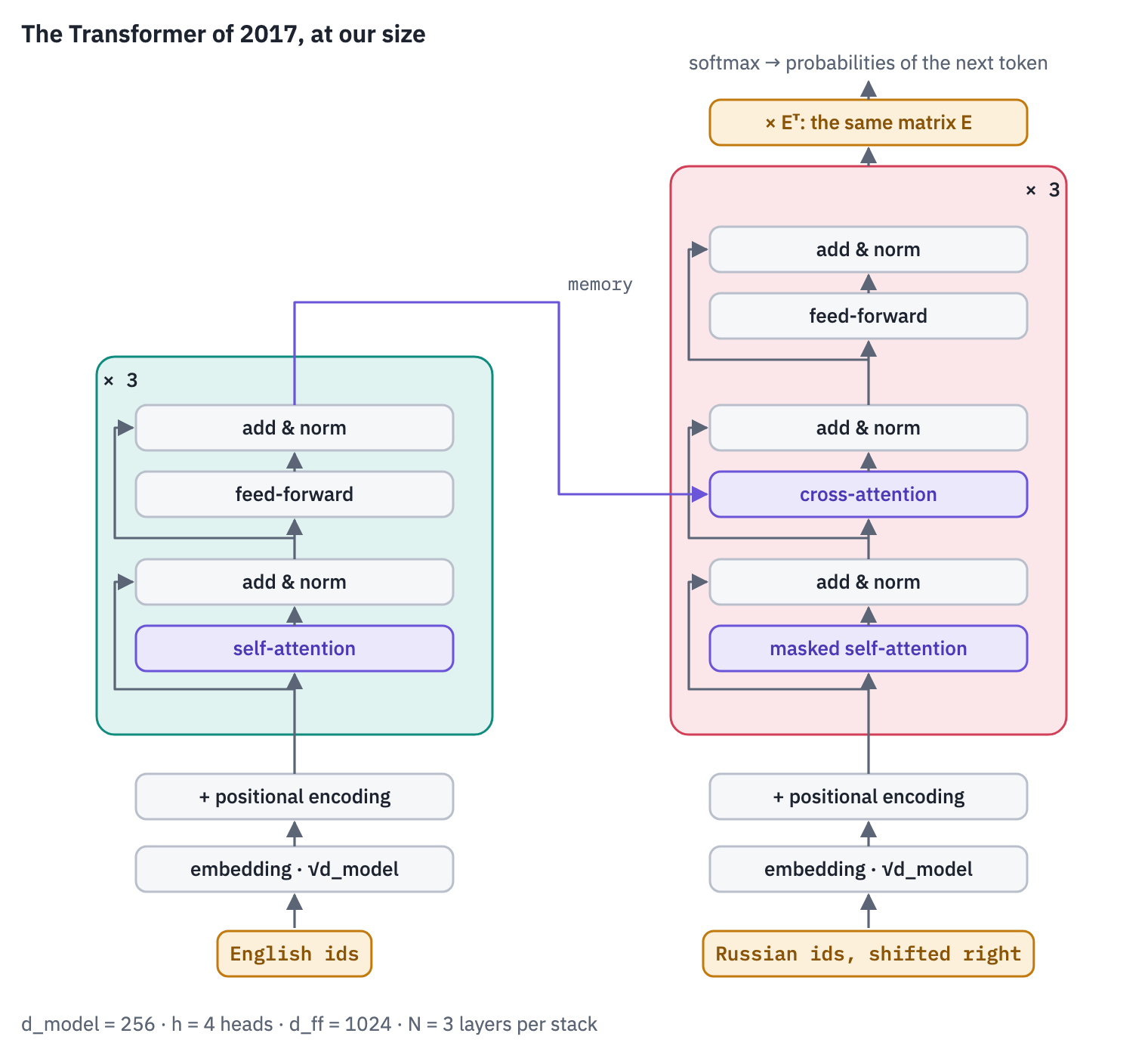 The encoder–decoder Transformer at our size: an encoder of self-attention and feed-forward layers reads the English tokens, a decoder of masked self-attention, cross-attention and feed-forward layers writes the Russian tokens, and the shared embedding matrix turns the decoder's output into scores for every token